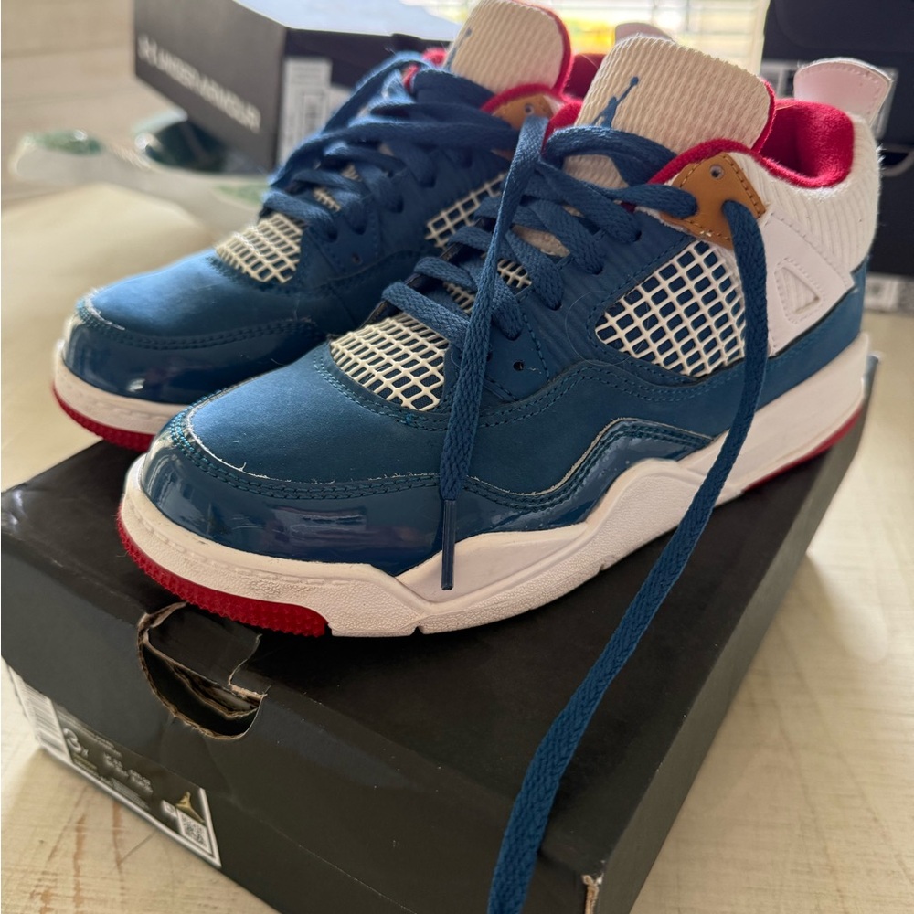 Jordan 4 Retro Kids French Blue and White Gym red Sneakers size 3